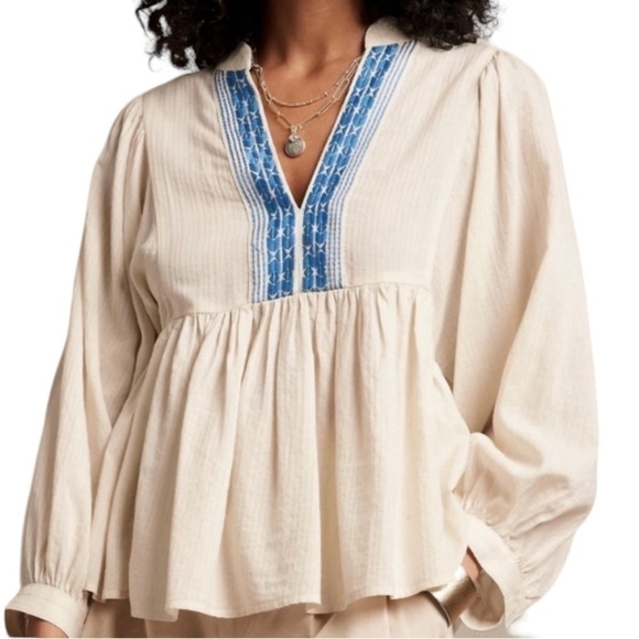 Banana Republic V-Neck Embroidered Balloon Sleeve Peplum Top - Picture 1 of 5